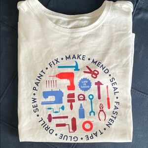 Life Is Good Women’s White Tee with Colorful Tool Graphics